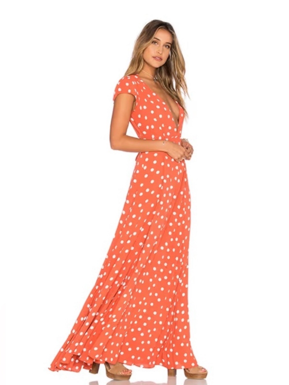 Tularosa Coral Polka Dot Wrap Maxi Dress